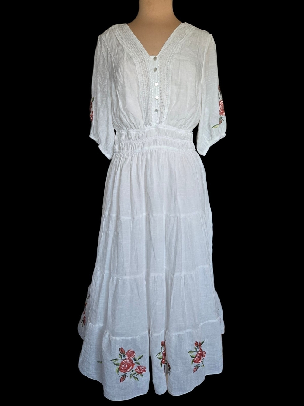 White Floral Embroidered Maxi Dress with V-Neck Sz 1X